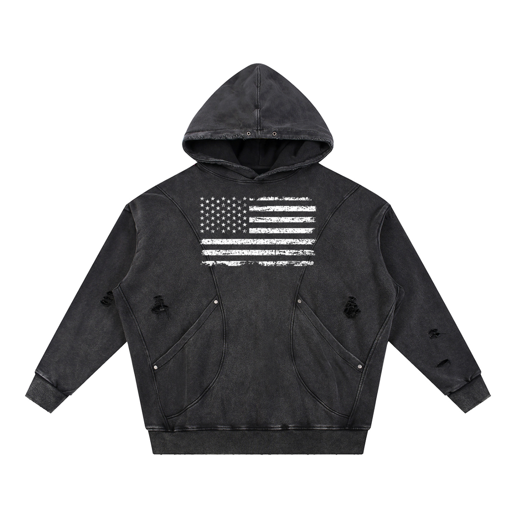 Snow Washed Distressed Panel Pocket Hoodie