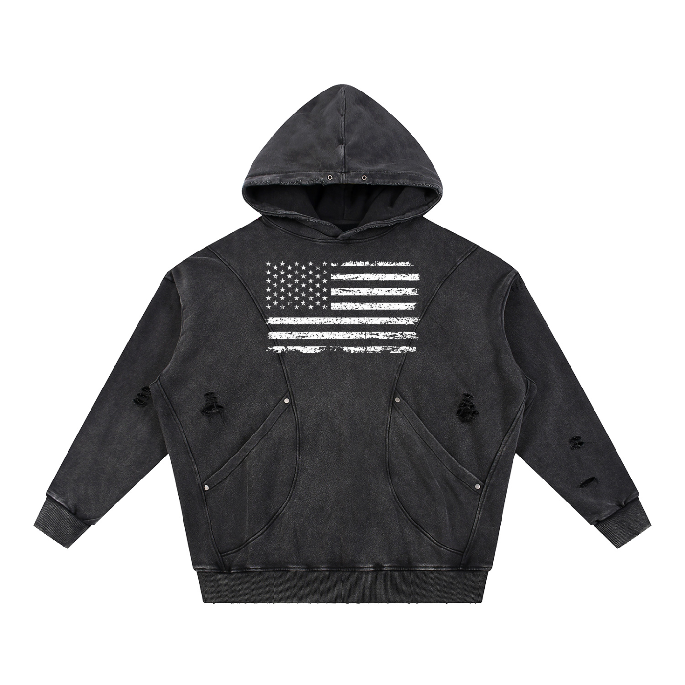 Snow Washed Distressed Panel Pocket Hoodie